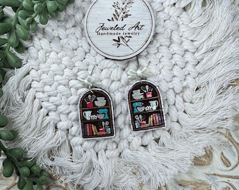 Baker’s Shelf Earrings – Hand-Painted Wood – Jeweled Art Handmade