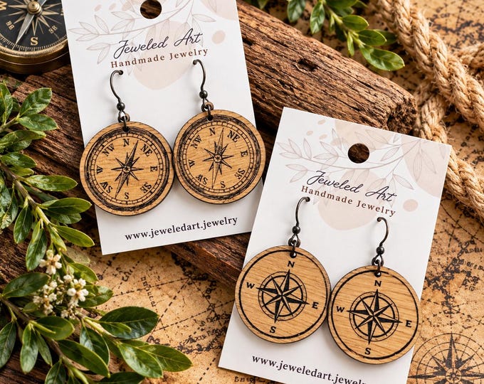 Compass Wood Earrings – Engraved Travel Dangles - 2 Styles