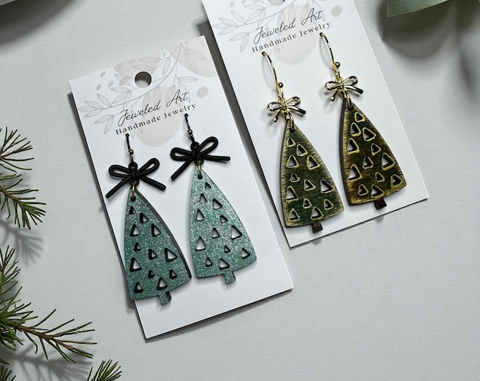 Hand-Painted Chic ChristmasTree Earrings with Bows