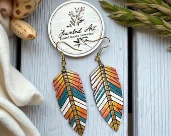 Hand-Painted Colorful Tribal Wood Feather Earrings