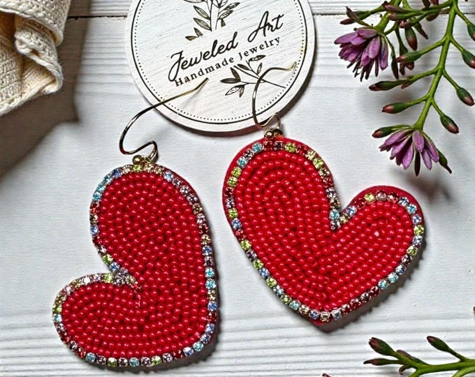Hand-Crafted Beaded Red Heart and Rhinestone Earrings - Valentine's Day