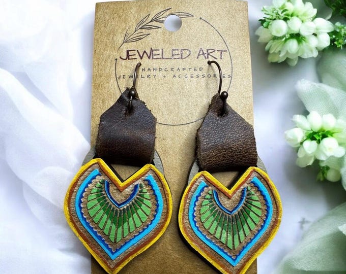 Hand-Painted Geometric Heart Wood Engraved Earrings with Leather Details