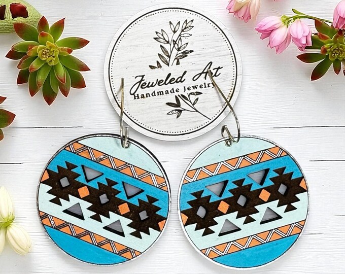 Hand-Painted Southwestern Sunset Round Wood Earrings