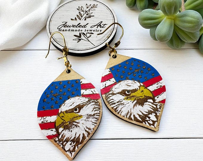 Hand-Painted Bald Eagle American Flag Earrings - Americana
