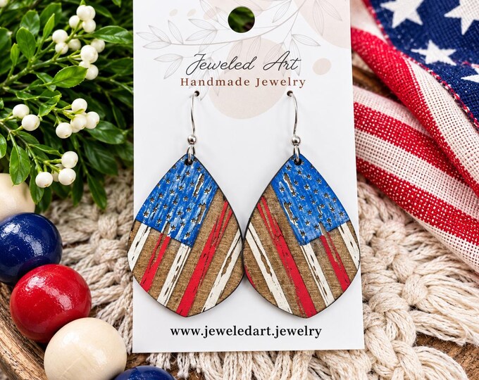 Hand-Painted Distressed USA Flag Wood Earrings