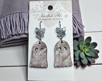 Hand-Painted Wooden Ghost Earrings with Crystal Bows