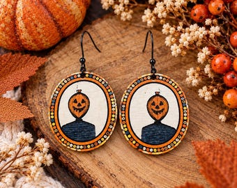 Vintage Halloween Wood Earrings, Pumpkin Head Portrait Dangle Earrings