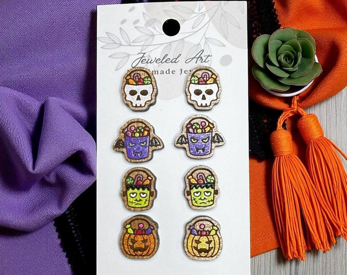 Hand-Painted Halloween Candy Bucket Engraved Wood Studs - Spooky Season