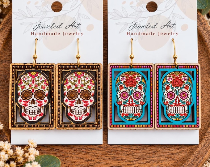 Floral Sugar Skull Wood Earrings – Day of the Dead Earrings - 2 Styles