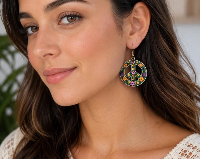 Floral Peace Sign Earrings - Hand Painted Wood Engraved and Leather Engraved - 2 styles