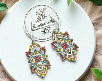 Hand-Painted Fiesta Bloom Mandala Leather Earrings