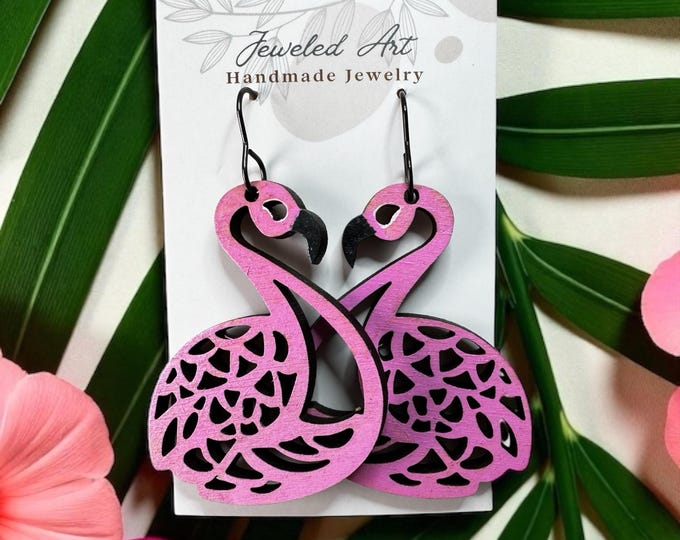 Hand Painted Pink Flamingo Wood Earrings