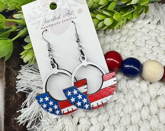 Patriotic Tassel Fan Wood Engraved Earrings - America's 250th