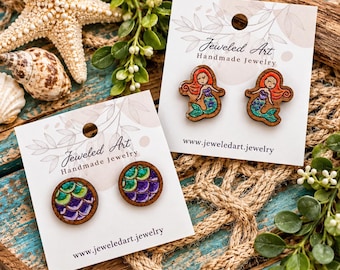 Mermaid Magic Earrings Collection – Hand-Painted Wood Earrings & Studs – Jeweled Art Handmade