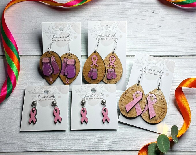 Hand-Painted Pink Ribbon Breast Cancer Awareness Engraved Wood Earrings – Jeweled Art Handmade