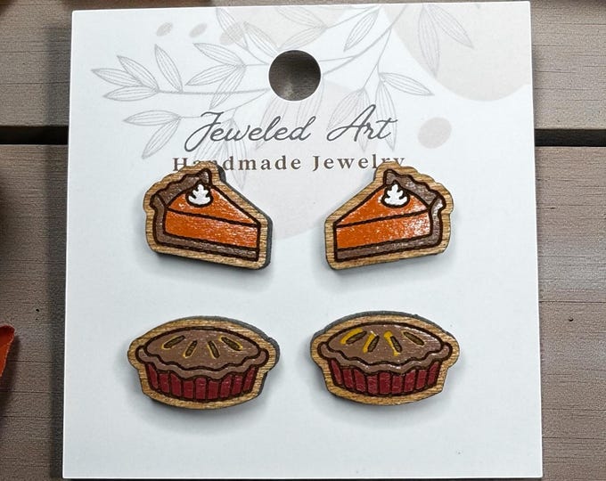 Hand-Painted Thanksgiving Day Pies Wood Engraved Stud Earrings