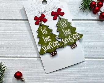 Hand-Painted ’Tis the Season Christmas Tree Engraved Wooden Earrings