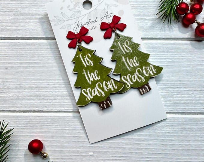 Hand-Painted ’Tis the Season Christmas Tree Engraved Wooden Earrings