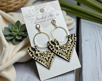 Hand-Painted Gold Mandala Modern Leather Earrings