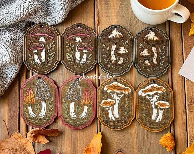 Hand-Painted Woodland Mushroom Engraved Wood Earrings  – Jeweled Art Handmade