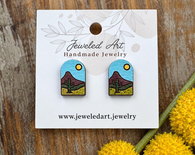 Desert Landscape Stud Earrings – Southwestern Cactus Scene