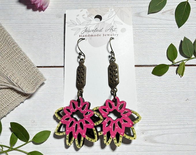 Geometric Floral Wood Drop Earrings