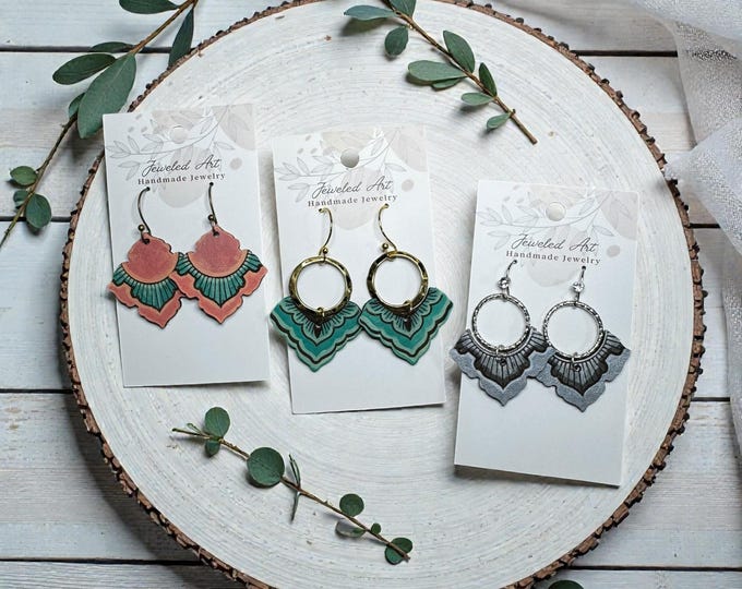 Hand-Painted Abstract Scalloped V Engraved Leather Earrings - 4 Styles