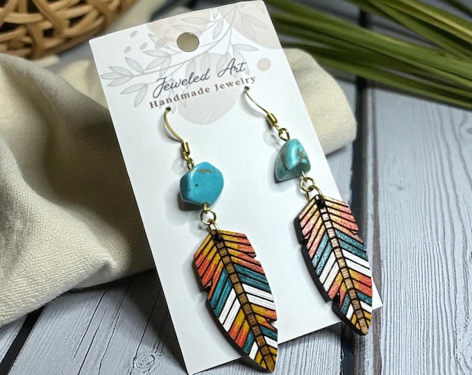 Hand-Painted Tribal Wood Feather Earrings with Natural Turquoise Stone