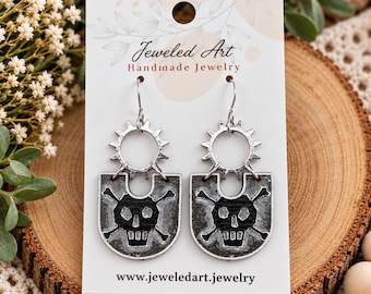 Skull Earrings, Silver and Black Gothic Dangle Earrings