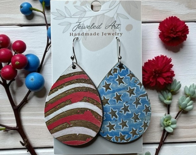 Hand-Painted Stars and Stripes Mismatched Wood Earrings – Americana