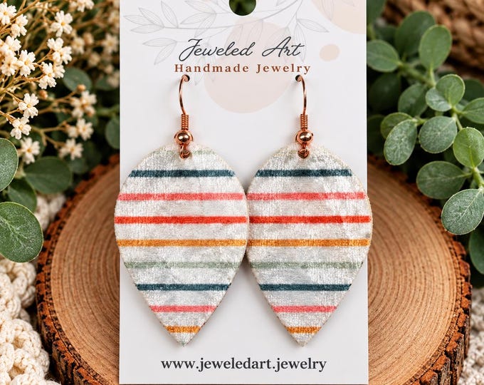Striped Velvet Earrings, Colorful Leaf Dangle Earrings