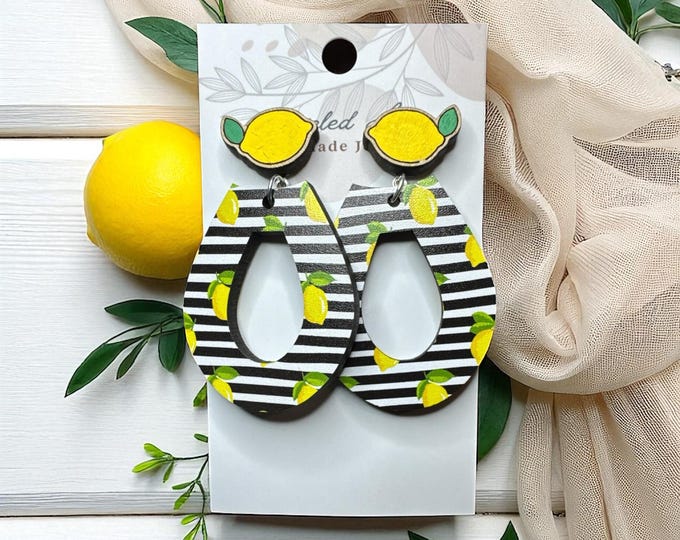 Hand-Painted Lemon Stripe Dangle Wood Earrings