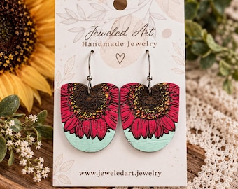 Hand-Painted Magenta Sunflower Wood Earrings