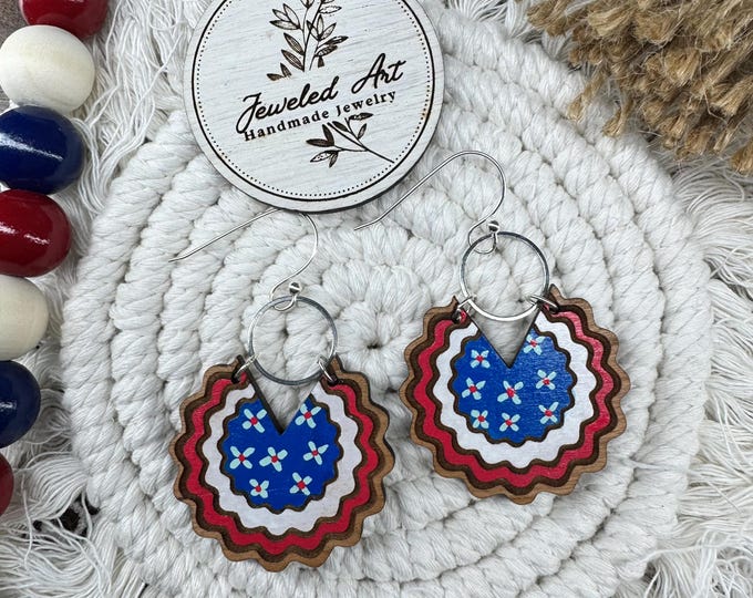 Patriotic Bandana Earrings – Hand-Painted Wood Earrings – America's 250th