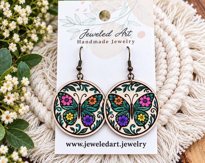 Floral Butterfly Engraved Leather Earrings – Hand-Painted Boho Earrings