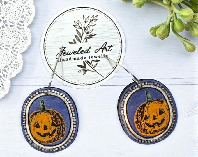 Hand-Painted Jack-o’-Lantern Pumpkin Wood Engraved Earrings – Jeweled Art Handmade
