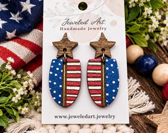 Hand-Painted Whimsical Star Top Patriotic Wood Earrings