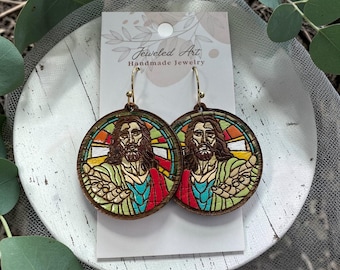 Stained Glass Jesus Wood Earrings – Faith Statement
