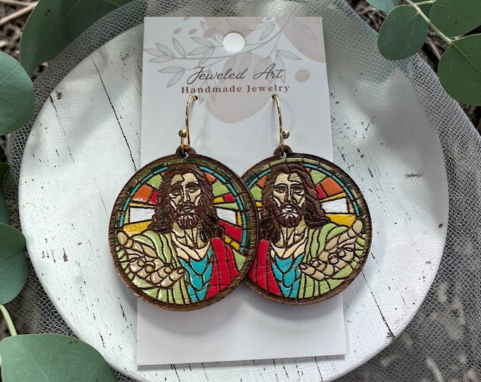 Stained Glass Jesus Wood Earrings – Faith Statement