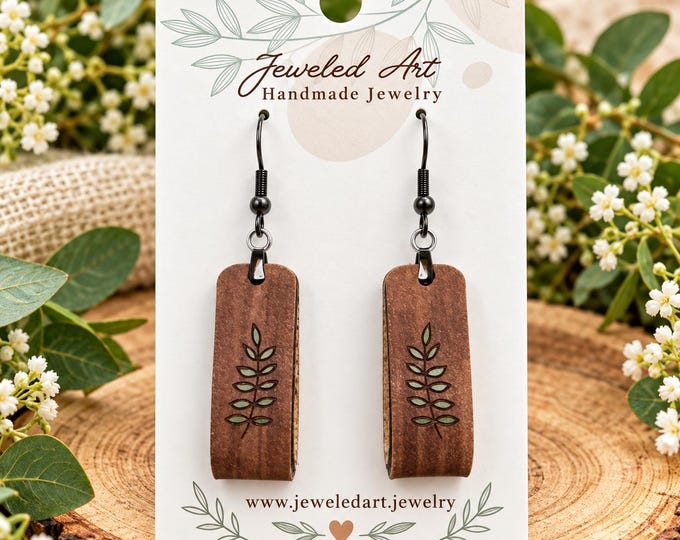 Hand-Painted Botanical Curve Leather Loop Earrings – Nature