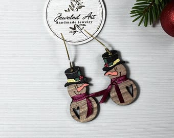 Hand-Painted Snowman Love Engraved Wood Earrings