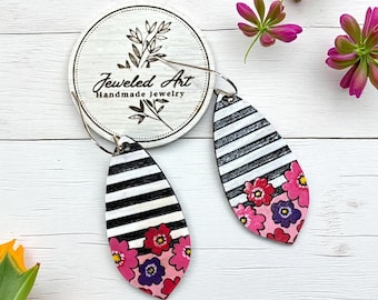 Hand-Painted Striped Bloom Wood Earrings
