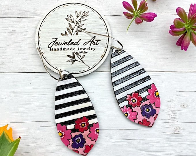 Hand-Painted Striped Bloom Wood Earrings