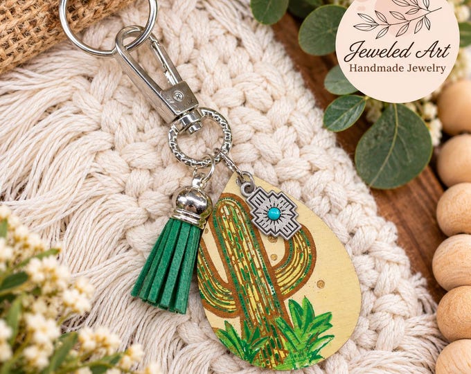 Southwest Cactus Keychain – Western Desert Bag Charm – Jeweled Art Handmade