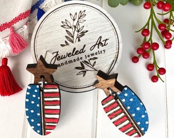 Hand-Painted Whimsical Star Top Patriotic Wood Earrings – Americana