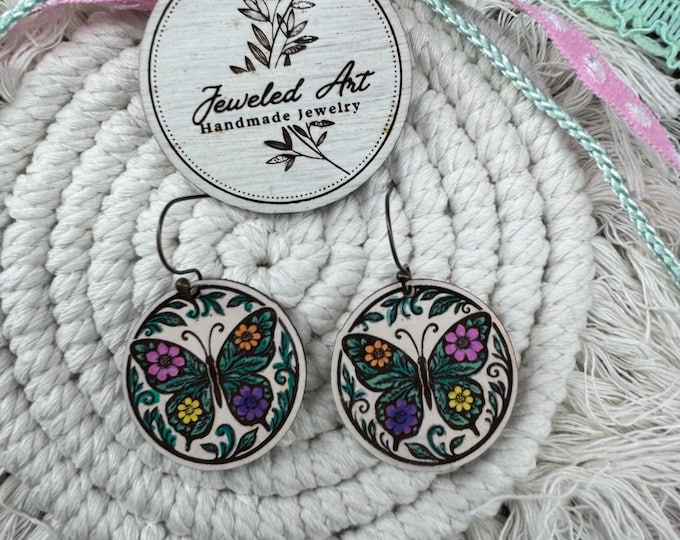 Floral Butterfly Engraved Leather Earrings – Hand-Painted Boho Earrings