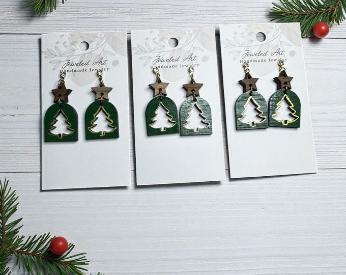 Hand-Painted Star-Topped Christmas Tree Wood Earrings