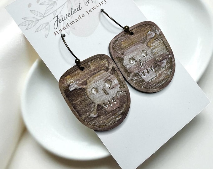Hand-Painted Rustic Skull & Crossbones Wooden Engraved Earrings – Jeweled Art Handmade