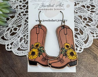 Sunflower Cowboy Boot Earrings – Western Leather Earrings – Jeweled Art Handmade