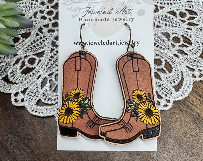 Sunflower Cowboy Boot Earrings – Western Leather Earrings – Jeweled Art Handmade